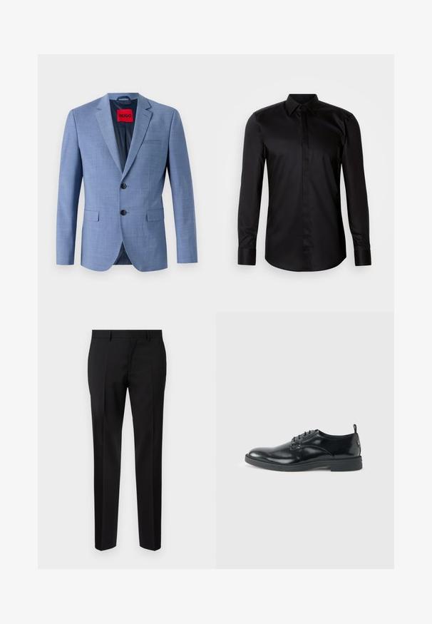 Blazer azul claro hecho de tejido texturizado, con dos botones negros, un bolsillo en el pecho y una etiqueta de marca roja en el interior del cuello.; Camisa negra de manga larga con botones, confeccionada en tela suave. Cuenta con cuello clásico, abotonadura frontal y puños de contraste.; Pantalones negros de corte ajustado, hechos de una tela suave, con pernera recta, detalles de pinzas refinadas y una cinturilla clásica con ojales para cinturón.; Zapato de vestir negro de cuero brillante con tacón bajo, cierre de cordones y puntera redonda, mostrado de lado sobre un fondo claro y liso.