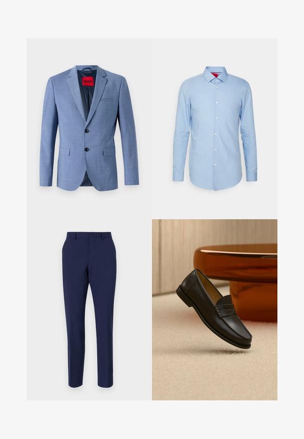 Lyseblå blazer lavet af struktureret stof, med to sorte knapper, en brystlomme og en rød mærkeetiket indeni kraven.; Lyseblå langærmet skjorte lavet af bomuld. Har en button-down krave og frontplacket med hvide knapper. Glat tekstur, slim fit.; Marineblå skræddersyede bukser lavet af glat stof, med en slim fit, flad front og en standard talje med bæltesløjfer.; Sort læder loafer-sko hængende over beige tæppe med ravfarvet moderne møblement i baggrunden.