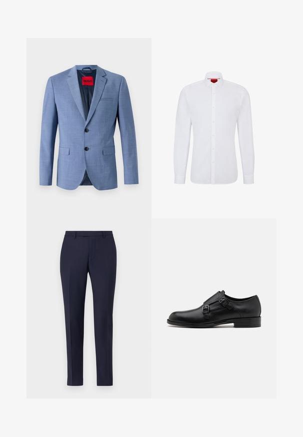 Blazer azul claro hecho de tejido texturizado, con dos botones negros, un bolsillo en el pecho y una etiqueta de marca roja en el interior del cuello.; Camisa blanca de manga larga de algodón con cierre de botones en la parte delantera, cuello clásico y una textura sutil, con un logo rojo en el interior del cuello.; Pantalones de traje azul marino con un diseño elegante, frente plano, piernas estrechas y sin herrajes o patrones visibles. Textura de tela suave.; Zapato de vestir de cuero negro con doble hebilla, silueta elegante y punta redonda. Cuenta con un tacón bajo y una textura suave.