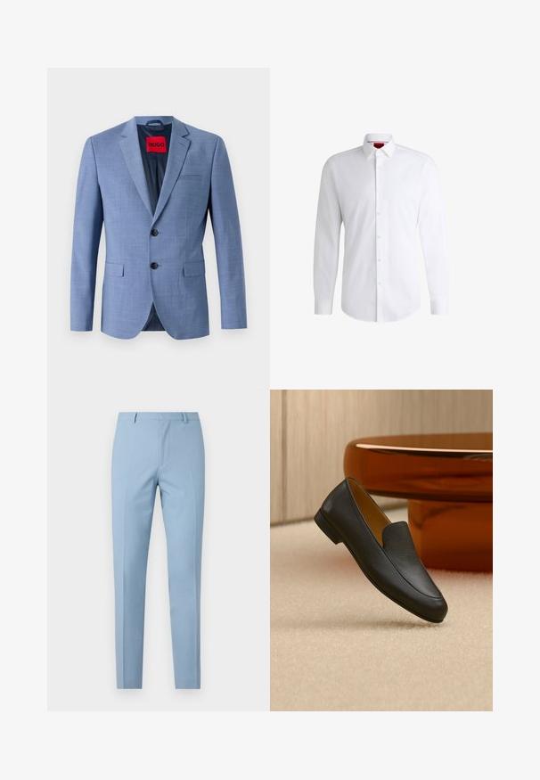 Blazer azul claro hecho de tejido texturizado, con dos botones negros, un bolsillo en el pecho y una etiqueta de marca roja en el interior del cuello.; Camisa blanca de botones, confeccionada en tela suave, con collar clásico, mangas largas y dobladillo curvado. Presenta botones beige en la parte delantera.; Pantalones azul claro a medida con un corte ajustado, textura suave, pliegue al frente, cintura ajustada y lazos para cinturón. Sin bolsillos visibles.; Zapato tipo mocasín de cuero negro descansando sobre una alfombra beige con una mesa circular marrón brillante al fondo.