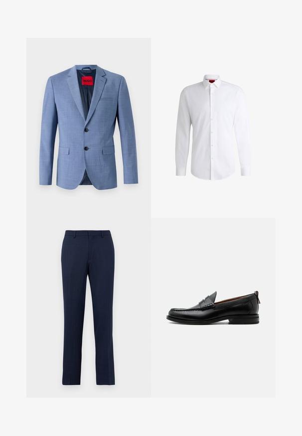 Helles blaues Blazer aus strukturiertem Stoff, mit zwei schwarzen Knöpfen, einer Brusttasche und einem roten Markenetikett im Kragen.; Weißes Herrenhemd aus glattem Stoff mit klassischem Kragen, langen Ärmeln und abgerundetem Saum. Mit eleganten beigen Knöpfen an der Vorderseite.; Marineblaue maßgeschneiderte Hose mit Gürtelschlaufen, Reißverschluss vorne und geradem Bein, vor einem schlichten weißen Hintergrund.; Schwarzer Leder-Herrenschuh mit Mokassinnaht, Penny-Riemen, strukturiertem Kragen und niedrigem gestapeltem Absatz auf weißem Hintergrund.