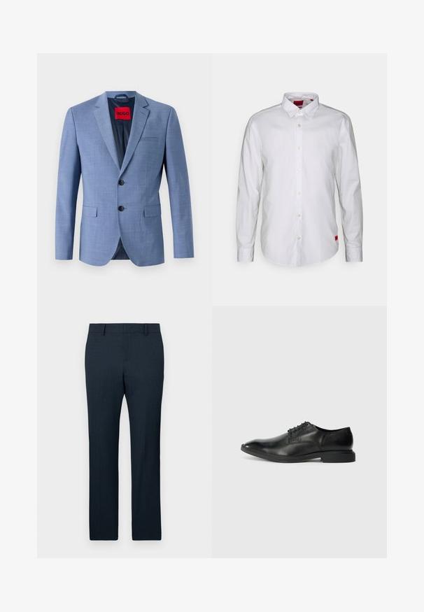 Helles blaues Blazer aus strukturiertem Stoff, mit zwei schwarzen Knöpfen, einer Brusttasche und einem roten Markenetikett im Kragen.; Weiße Langarmbluse mit Button-Down-Kragen, aus leichtem Stoff gefertigt. Enthält ein dezentes Markenetikett in rot an der unteren Seite.; Marineblau maßgeschneiderte Hosen mit strukturiertem Stoff, geradem Bein und vorderen Falten. Mit Gürtelschlaufen und einem glatten Bund.; Schwarze Lederdressschuhe mit glatter Textur, spitzer Zehenform, sechs Ösen-Schnürdesign und niedrigem rechteckigem Absatz. Dezentes Branding-Detail an der Seite.