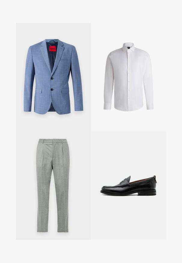 Blazer bleu clair en tissu texturé, avec deux boutons noirs, une poche poitrine et une étiquette de marque rouge à l'intérieur du col.; Chemise blanche à manches longues en coton lisse, dotée d'un col classique, d'une patte de boutonnage complète et de poignets à bouton. Design minimaliste.; Pantalons de costume gris clair avec plis avant, passants de ceinture et coupe droite sur fond blanc.; Mocassin homme en cuir noir avec couture moc toe, bride penny, col texturé et petit talon empilé sur fond blanc.