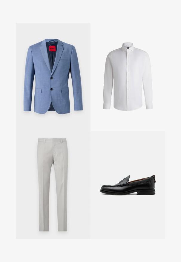 Blazer azul claro hecho de tejido texturizado, con dos botones negros, un bolsillo en el pecho y una etiqueta de marca roja en el interior del cuello.; Camisa blanca de manga larga hecha de algodón suave, con un cuello clásico, botonera completa y puños abotonados. Diseño minimalista.; Pantalones ajustados de color gris claro con una textura suave, frente plano y dos bolsillos laterales. Presentan piernas rectas y detalles de pliegue sutiles.; Mocasín de hombre de piel negra con costura moc toe, tira penny, cuello texturizado y tacón bajo apilado sobre fondo blanco.