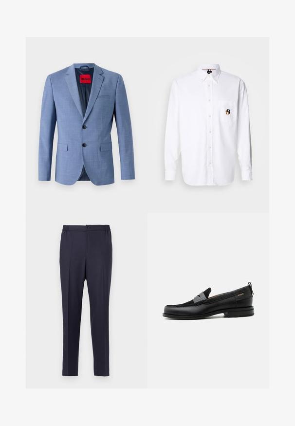 Blazer azul claro hecho de tejido texturizado, con dos botones negros, un bolsillo en el pecho y una etiqueta de marca roja en el interior del cuello.; Camisa blanca de manga larga con botones y cuello abotonado, bolsillo frontal con un pequeño logo bordado en marrón y negro con la letra "B".; Pantalones azul marino con frente plano, cintura elástica y cierre de botón. Corte recto y textura suave, adecuados para uso formal o casual.; Mocasín de cuero negro con detalle de tira gris, tacón bajo y suela texturizada, con la marca "HUGO" en oro en el lateral.