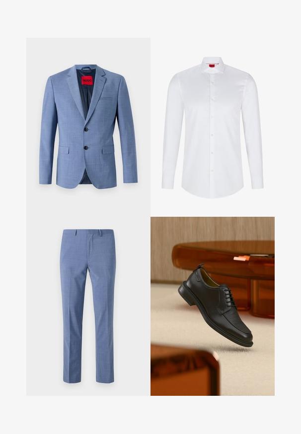 Sinine bleiser, mis on valmistatud tekstuuriga kangast, millel on kaks musta nuppu, rinnatasku ja punane brändi silt krae sees.; Valge pika varrukaga nööbiga shirts, mis on valmistatud siledast puuvillast. Sellel on klassikaline krae, täisnööbiplokk ja ümar hem.; Heledsinised ülikonnahousu, kohandatud istuvus, tekstureeritud kangas, lamedad esiosad, kaldu küljetaskud ning sile talje koos vöörihmadega.; Mustast nahast pitsidega kleitking tekstureeritud esiosaga, hõljumas beeži vaiba kohal moodsas toas, millel on merevaigutoonilised mööbliesemed.