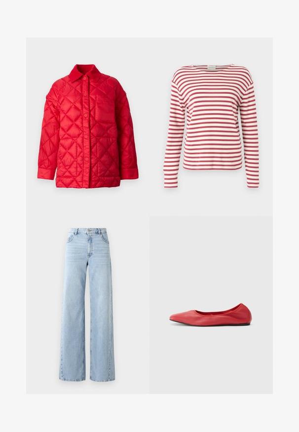 Veste matelassée rouge avec un col, fermeture à boutons-pression et une poche à l'avant. Texture lisse et brillante.; CLOSED LONG SLEEVE - T-shirt à manches longues - cherry red; Jean en denim léger bleu clair à jambes larges avec taille haute, cinq poches et texture décolorée. Présente des détails cousus et une coupe droite à l'ourlet.; Filippa K REY FLATS - Ballerines - bright red