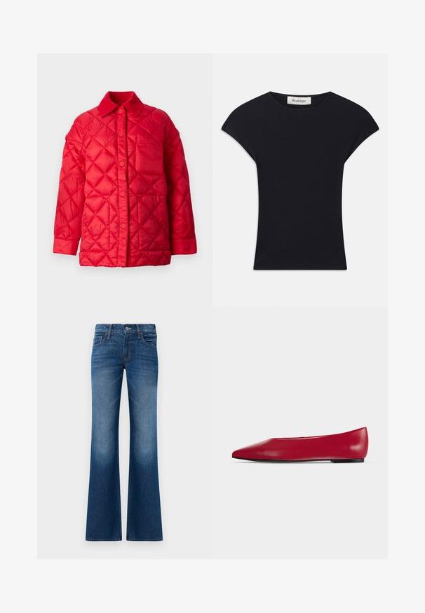 Veste matelassée rouge avec un col, fermeture à boutons-pression et une poche à l'avant. Texture lisse et brillante.; Haut noir à manches courtes en tissu doux, avec un col rond et une coupe ajustée, ornée de légers accents d'épaule. Étiquette visible.; Jean pattes d'eph en denim bleu foncé, avec une texture lisse, un design à cinq poches, une fermeture à bouton à l'avant et un léger délavage près de l'ourlet.; Chaussure plate en cuir rouge à bout pointu, semelle noire et petit talon, vue de profil sur un fond clair uni.