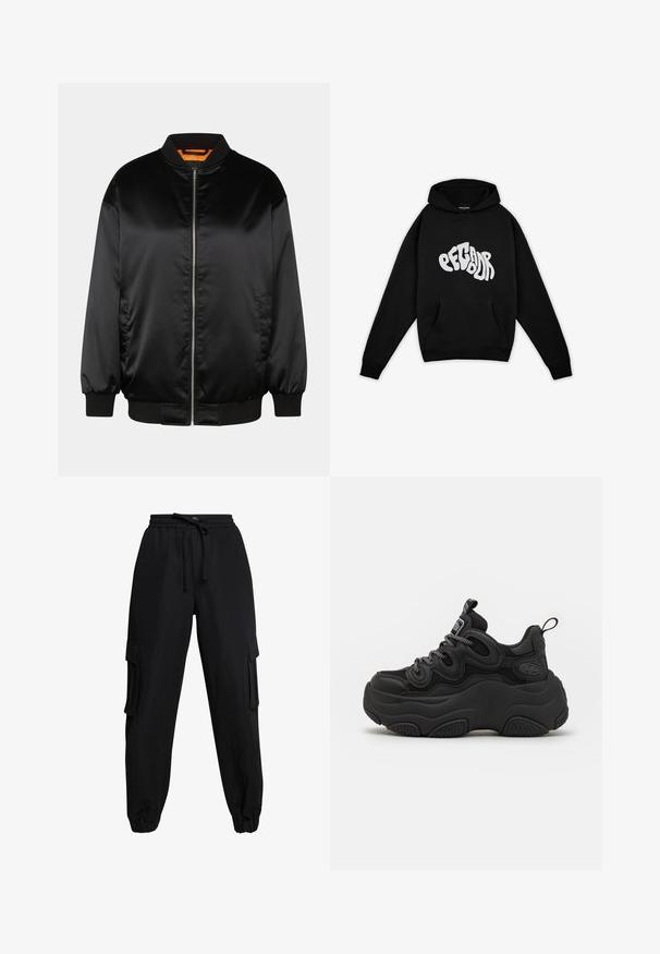Chaqueta bomber negra hecha de satén suave, con cierre de cremallera en la parte delantera, puños y dobladillo acanalados, y un forro naranja. Diseño clásico y minimalista.; Pegador PALUMA OVERSIZED HOODIE - Sudadera - black; Pantalones cargo negros hechos de una tela ligera, con cinturilla elástica, cordón y bolsillos laterales. Los dobladillos en los tobillos completan el diseño.; Zapatilla negra con un diseño voluminoso, que presenta una parte superior texturizada, paneles de malla y una suela de goma gruesa. Cuerdas reflectantes y detalles de marca visibles.