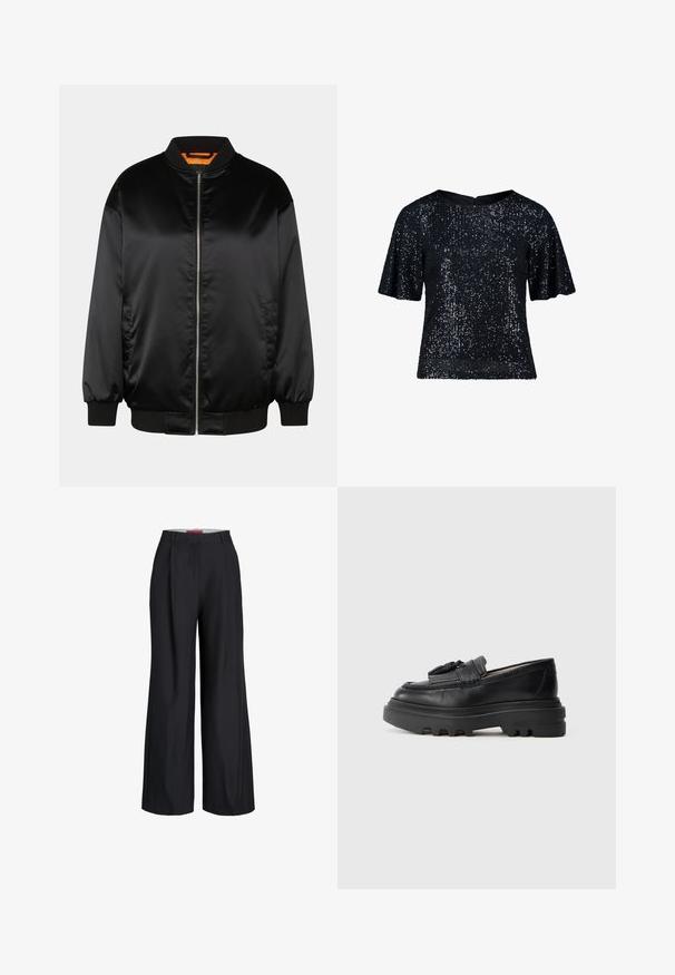 Schwarze Bomberjacke aus glattem Satin, mit Reißverschluss vorn, gerippten Bündchen und Saum sowie einer orangefarbenen Fütterung. Klassisches und minimalistisches Design.; Schwarzes Pailletten-Top mit kurzen, schwingenden Ärmeln und rundem Ausschnitt. Verfügt über eine strukturierte Oberfläche, die mit Pailletten bedeckt ist.; Schwarze weit geschnittene Hosen mit Gürtelschlaufen und einem Frontreißverschluss, vor weißem Hintergrund gezeigt.; Schwarze Lederloafers mit einer robusten Gummisohle und gerippter Textur. Mit einer geflochtenen Akzentuierung auf der Vorderseite. Seitenansicht dargestellt.