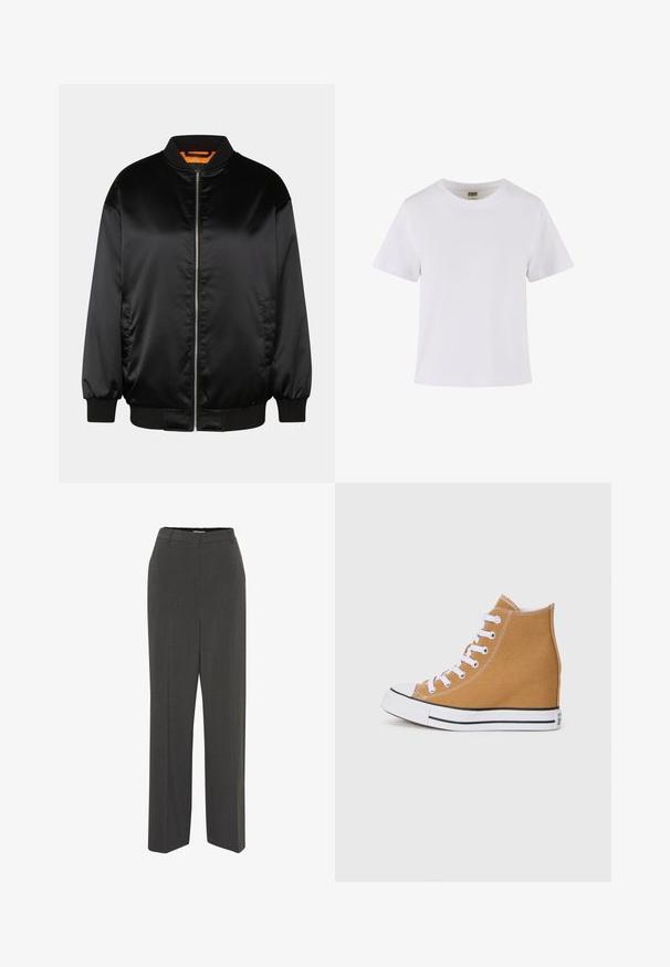 Schwarze Bomberjacke aus glattem Satin, mit Reißverschluss vorn, gerippten Bündchen und Saum sowie einer orangefarbenen Fütterung. Klassisches und minimalistisches Design.; Weißes Baumwoll-T-Shirt mit kurzen Ärmeln, Rundhalsausschnitt und geradem Schnitt. Glatte Textur, einfaches Design, keine sichtbaren Muster oder Akzente.; Graue maßgeschneiderte Hosen mit flacher Vorderseite, gerader Beinform, glatter Textur und ohne sichtbare Muster oder Verzierungen. Hohe Taille.; Hochschuh-Sneaker aus beigefarbenem Canvas, ausgestattet mit weißen Schnürsenkeln, einer Gummispitze und einer Sohle mit schwarzem Streifen. Strukturierte Oberfläche mit Nähdetails.