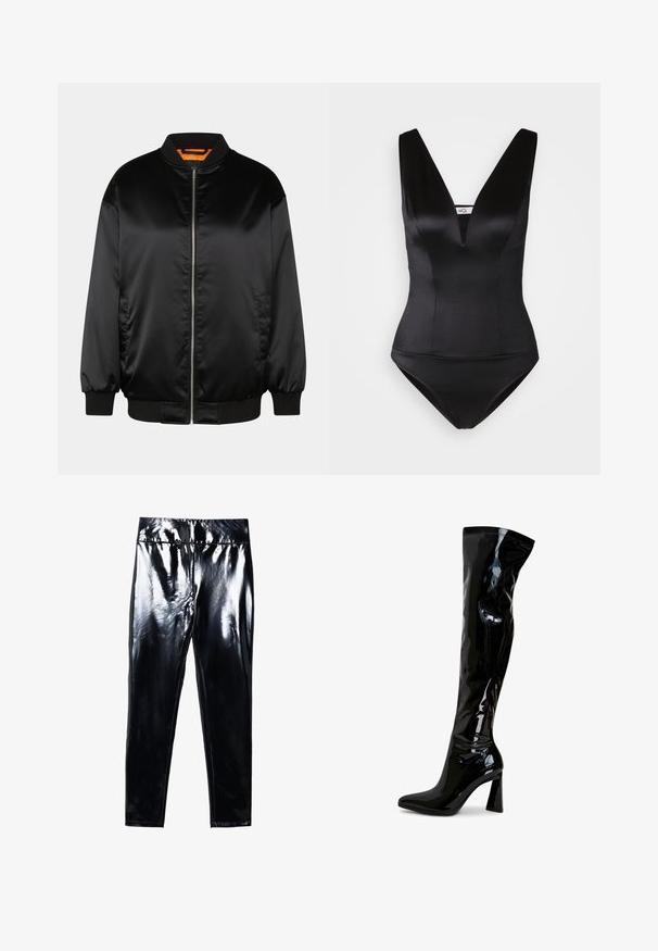 Chaqueta bomber negra hecha de satén suave, con cierre de cremallera en la parte delantera, puños y dobladillo acanalados, y un forro naranja. Diseño clásico y minimalista.; Bañador negro de una pieza con escote en V profundo, acabado satinado elegante y diseño ajustado. Sin patrones ni embellishments visibles.; Leggings negros de alto brillo con una superficie brillante y suave. Cintura elástica y diseño ajustado con forma de pierna cónica.; Botas hasta el muslo de charol negro con punta afilada, tacón cuadrado y textura lisa y brillante. No tienen herrajes visibles.