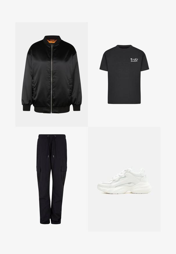 Chaqueta bomber negra hecha de satén suave, con cierre de cremallera en la parte delantera, puños y dobladillo acanalados, y un forro naranja. Diseño clásico y minimalista.; Camiseta de algodón negra con cuello redondo. Presenta texto en blanco, incluyendo caracteres japoneses y "Slurp Away", en el área del pecho izquierdo.; Pantalones cargo negros de tejido suave, con cintura elástica y cordones, y bolsillos laterales. Diseño de pierna recta.; Zapatilla deportiva blanca y robusta con suela gruesa, cierre de cordones en la parte frontal y parte superior sintética lisa con detalles de costuras sutiles.