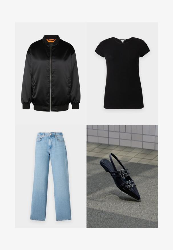Schwarze Bomberjacke aus glattem Satin, mit Reißverschluss vorn, gerippten Bündchen und Saum sowie einer orangefarbenen Fütterung. Klassisches und minimalistisches Design.; Schwarzes, kurzärmeliges, geripptes, eng anliegendes T-Shirt mit Rundhalsausschnitt, flach auf einem hellen Hintergrund präsentiert.; Helle blaue weit geschnittene Jeans aus Denim, mit hoher Taille, fünf Taschen und einem Knopfverschluss mit Reißverschluss.; Schwarze flache Sandale mit spitz zulaufender Spitze, mehreren Riemchen mit Schnallen und Slingback, vor einem gepflasterten Boden und einem gefliesten Wandhintergrund positioniert.