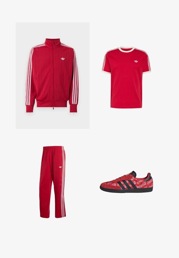 Rød trackjakke med lynlås med hvide Adidas tre striber ned langs ærmerne og lille hvid trefoil-logo på venstre bryst.; Rød kortærmet Adidas T-shirt med hvid rund krave og ærmekanter, hvide tre striber på skuldrene, lille trebladet logo på venstre bryst.; Røde Adidas træningsbukser med elastisk talje, hvide sidelister og Trefoil-logo på højre lår mod hvid baggrund.; Rød Adidas sneaker med sorte striber og sål, med hvide Coca-Cola logoer over hele den stof øverste del.