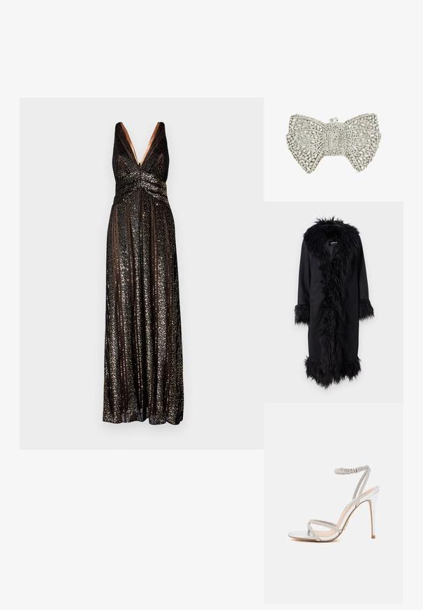 ONLY ONLVIENNA SUEDE COAT - Manteau classique - black; Halston ESRA STRIPED - Robe de cocktail - black; Sandale à talons hauts en argent avec des fines lanières, ornée de strass, présentant un design épuré et un bout pointu.; Pochette en forme de nœud en ton argent, ornée de strass transparents et d'un fermoir en cristal sur le dessus.