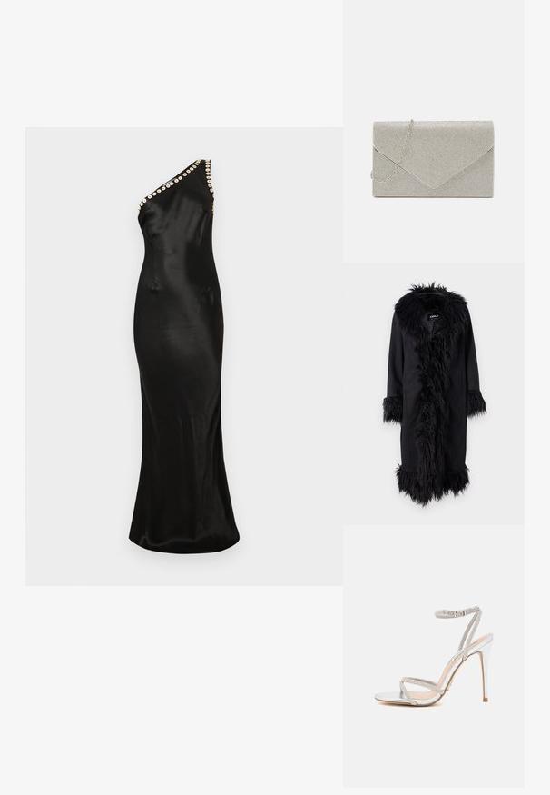 ONLY ONLVIENNA SUEDE COAT - Manteau classique - black; Robe de soirée en satin noir avec un design asymétrique à une épaule, ornée d'une rangée d'embellissements circulaires le long du décolleté et une silhouette ajustée.; Sandale à talons hauts en argent avec des fines lanières, ornée de strass, présentant un design épuré et un bout pointu.; Pochette argent métallique au design d'enveloppe, ornée d'un motif texturé, avec une chaîne amovible.