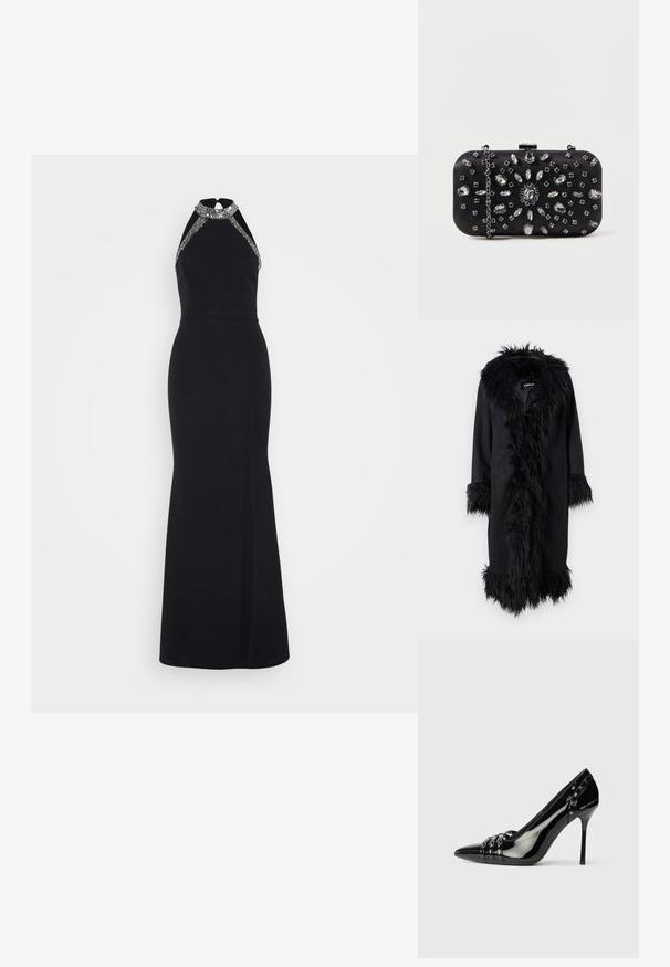 ONLY ONLVIENNA SUEDE COAT - Manteau classique - black; Robe noire avec un col halter, ornée d'accents argentés. Silhouette ajustée, longueur au sol avec une fente sur le côté pour plus de détail.; Chaussure à talon aiguille en cuir verni noir avec bout pointu, trois lanières décoratives avec clous, et logo "Karl Lagerfeld" sur le talon.; Pochette noire de forme rectangulaire, ornée de divers strass disposés en motifs floraux, dotée d'une chaîne en argent pour le transport.