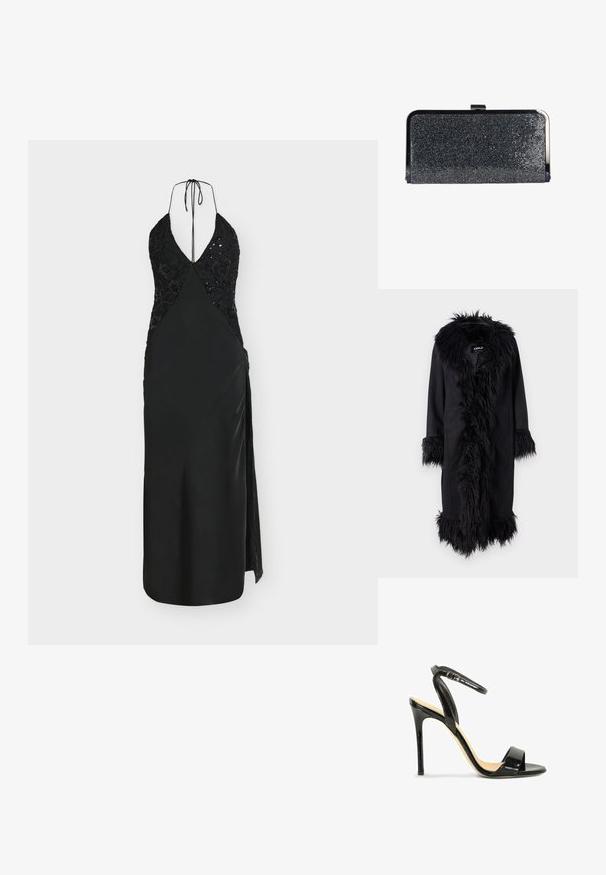 ONLY ONLVIENNA SUEDE COAT - Manteau classique - black; Robe de soirée noire à décolleté plongeant, bustier orné de sequins, jupe en satin lisse, bretelles ajustables à nouer et fente latérale.; Sandale à talon haut en cuir verni noir avec bride à la cheville et bout ouvert sur fond blanc.; Pochette rectangulaire noire recouverte de petits perles brillantes avec un cadre métallique argenté et un fermoir en haut.
