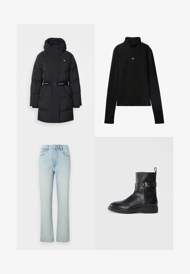 Zwarte pufferjas met een capuchon, voorzien van een riem met Calvin Klein-logo, klassieke gevoerde structuur en een rechte snit met een hoge kraag.; Zwarte geribde coltrui met lange mouwen en een klein vierkant Calvin Klein-logo midden op de borst.; Lichtblauwe jeans met hoge taille en rechte pijpen, met voorste knoop, riemlussen en klassiek ontwerp met vijf zakken tegen een effen achtergrond.; Zwarte leren enkelboot met een platte zool, voorzien van een zijriem en zilverkleurig CK-logo detail. Maak met een gladde textuur en gestroomlijnd ontwerp.