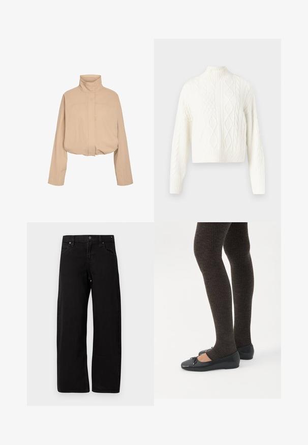 Beige värinen lyhyt takki, jossa on korkea kaulus, pitkät hihat ja piilotettu etulista, esitetty valkoisella taustalla.; Tiimalasi valkoinen, lyhyt palmikkoneulepusero, jossa korkea resorinen kaulus. Sisältää erilaisia tekstuurimalleja sekä resorireunat hihoissa ja helmassa.; Mustat suorat farkut, joissa viisi taskua, nappikiinnitys ja vyölenkit, esillä litteinä vaaleaa taustaa vasten.; Jalat, joissa tummat ribbineuleiset leggingsit yhdistettynä mustiin balettitossuihin, joissa on pienet rusettikoristeet valkoisella taustalla.