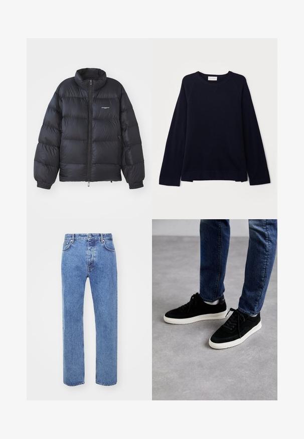Sort pufferjakke med høj krave, lynlås i front, elastiske cuff-kanter og et logo på brystet. Glat, shiny materiale med polstret design.; OFFICINE GENERALE NATE CNECK - Striktrøje - black; Won Hundred STEVE - Jeans Relaxed Fit - cut blue; Sorte ruskind sneakers med en hvid gummisål, der har et klassisk low-top design, rundt tå og flade sorte snørebånd.