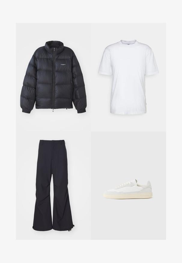 Chaqueta de plumas negra con cuello alto, cierre de cremallera, puños elásticos y un logo en el pecho. Material suave y brillante con un diseño acolchado.; Camiseta de algodón blanca con cuello redondo, mangas cortas y dobladillo recto. Cuenta con una pequeña etiqueta de la marca en la costura lateral izquierda.; Pantalones de pierna ancha en azul marino, con una tela suave, dos bolsillos frontales y detalles de cordón en el dobladillo. Diseño limpio y ajustado, sin adornos.; Zapatilla blanca con parte superior texturizada de ante y cuero. Presenta una puntera redondeada, cierre con cordones y suela de goma beige contrastante.