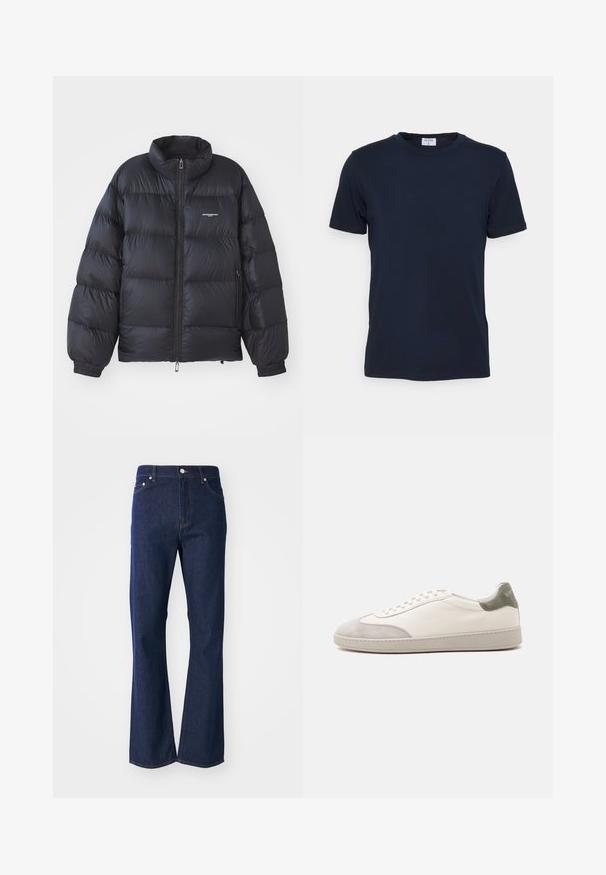 Sort pufferjakke med høj krave, lynlås i front, elastiske cuff-kanter og et logo på brystet. Glat, shiny materiale med polstret design.; Marineblå crew-neck t-shirt lavet af blødt stof. Korte ærmer med en klassisk pasform, der har et mærke ved halsen. Glat tekstur, minimalistisk design.; Flarvede mørkeblå jeans lavet af denim. Har fem lommer, en front lynlås og en metalknaplukning. Klassiske syninger som detaljer.; Hvid lav sneaker med lysegrå ruskind på tå og hæl, hvide snørebånd og en flad beige sål, vist fra ydersiden.