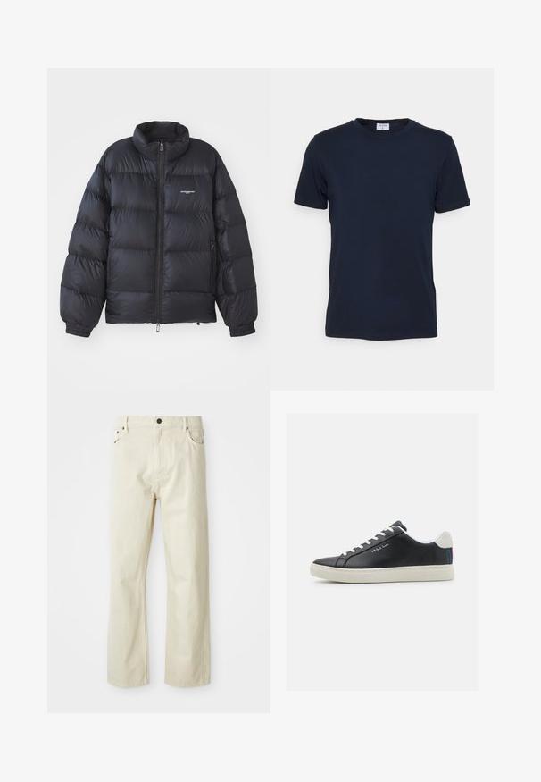 Sort pufferjakke med høj krave, lynlås i front, elastiske cuff-kanter og et logo på brystet. Glat, shiny materiale med polstret design.; Marineblå crew-neck t-shirt lavet af blødt stof. Korte ærmer med en klassisk pasform, der har et mærke ved halsen. Glat tekstur, minimalistisk design.; Beige bomuldsjeans med lige ben, fem lommer, knaplukning og synlige sømdetaljer. Glat tekstur med et afslappet design.; Sorte læder sneakers med hvide snørebånd og gummisål. Har en blå, rød og grøn stribet detalje ved hælen. Indeholdt syede detaljer.