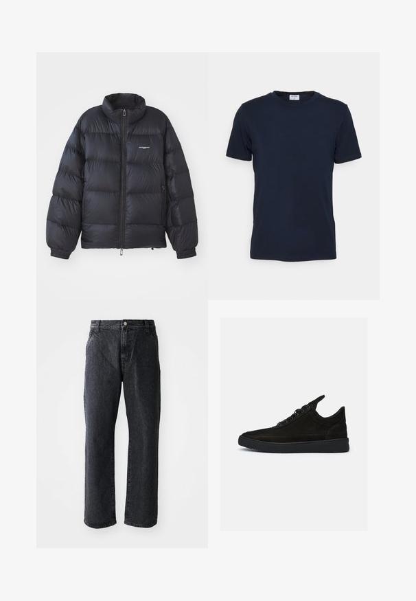 Veste en duvet noire avec col haut, fermeture éclair, poignets élastiques et logo sur la poitrine. Matériau lisse et brillant avec un design rembourré.; T-shirt bleu marine à col ras du cou fabriqué en tissu doux. Manches courtes avec une coupe classique, avec une étiquette au niveau du col. Texture lisse, design minimal.; Jeans en denim noir à coupe droite, avec une fermeture à bouton, cinq poches et une texture subtile. Design classique sans motifs proéminents.; Baskets en daim noir à profil bas, avec un bout rond et une semelle en caoutchouc texturé. Comprend cinq œillets et une languette à l'arrière.