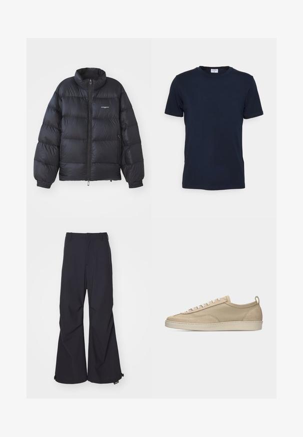 Sort pufferjakke med høj krave, lynlås i front, elastiske cuff-kanter og et logo på brystet. Glat, shiny materiale med polstret design.; Marineblå crew-neck t-shirt lavet af blødt stof. Korte ærmer med en klassisk pasform, der har et mærke ved halsen. Glat tekstur, minimalistisk design.; Marineblå, brede bukser lavet af glat stof, med to forlommer og snoretræk ved kanten. Renset, skræddersyet design uden udsmykning.; Beige lavtop sneakers med overdel i stof og ruskind, hvide snørebånd, gummisål og hælstrækkehank, vist i sideprofil på hvid baggrund.