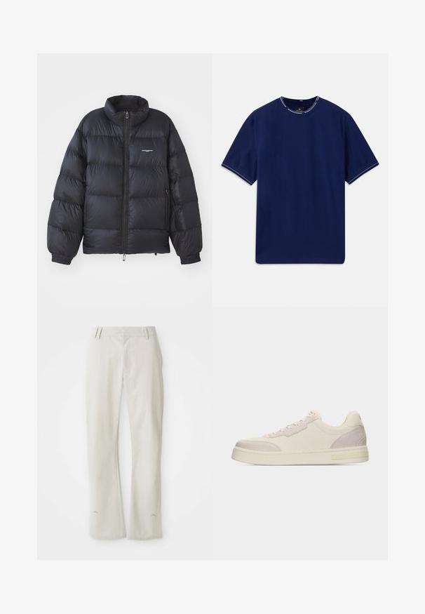 Sort pufferjakke med høj krave, lynlås i front, elastiske cuff-kanter og et logo på brystet. Glat, shiny materiale med polstret design.; Mørkeblå bomulds T-shirt med korte ærmer og rund hals, med hvid syning som accent på kraven og ærmeenderne. Glat tekstur.; Lys grå, lige bukser lavet af glat stof. Har forlommer, bæltesløjfer og et diskret logo nær kanten.; Beige sneaker med lavt snit, ruskindsdetaljer på tå og hæl, snørebånd og flad gummisål på en ensfarvet hvid baggrund.