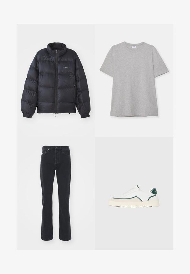 Chaqueta de plumas negra con cuello alto, cierre de cremallera, puños elásticos y un logo en el pecho. Material suave y brillante con un diseño acolchado.; Camiseta gris de manga corta hecha de una tela suave y texturizada. Presenta un cuello redondo clásico y un dobladillo recto, adecuada para uso casual.; Vaqueros de mezclilla negra con un diseño de pierna recta, que cuentan con cinco bolsillos y un cierre de botón. La tela tiene una textura sutil y un acabado resistente.; Zapatilla baja blanca con detalles en verde, gamuza beige y suela de color crema con un fondo estriado.
