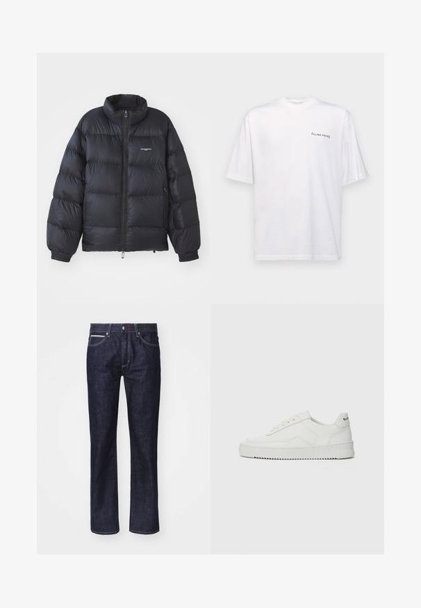 Schwarze Puffjacke mit hohem Kragen, Reißverschluss, elastischen Bündchen und einem Logo auf der Brust. Glattes, glänzendes Material mit gepolstertem Design.; Weißes kurzärmliges T-Shirt aus Baumwolle mit V-Ausschnitt, mit einem schwarzen "FILLING PIECES" Logo, das auf der linken Seite gedruckt ist.; Dunkelblaue Denim-Jeans mit geradem Schnitt, dezentem Kontraststich, fünf Taschen und einem Knopfverschluss an der Taille.; Weiße Ledersneaker mit glatter Oberfläche, runder Zehenpartie, flachen Schnürsenkeln und strukturiertem Sohlenprofil. Mit einem dezenten Logo an der Ferse.