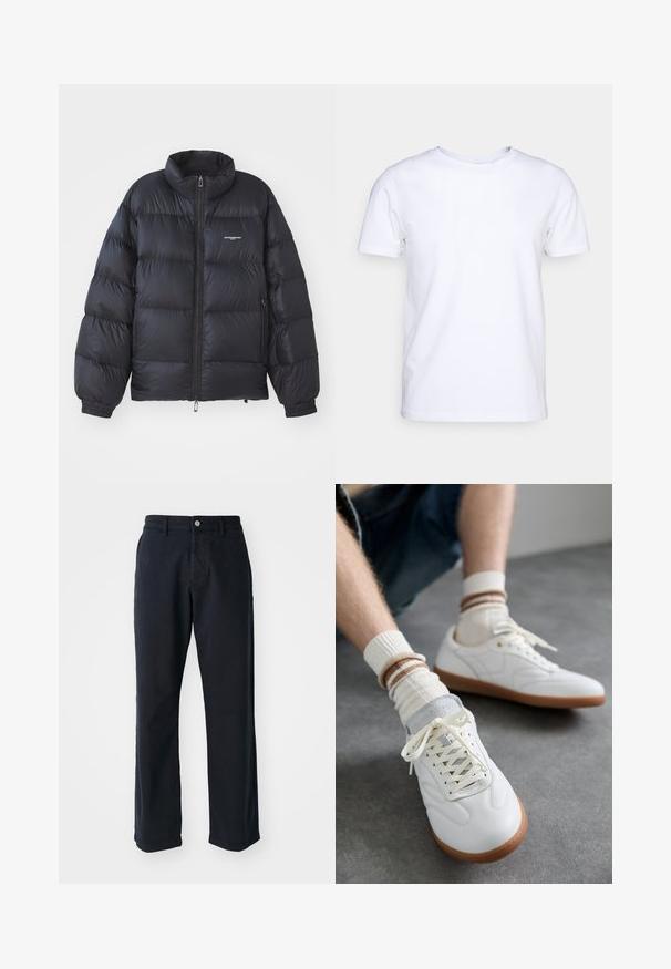Schwarze Puffjacke mit hohem Kragen, Reißverschluss, elastischen Bündchen und einem Logo auf der Brust. Glattes, glänzendes Material mit gepolstertem Design.; Weißes T-Shirt mit kurzen Ärmeln aus Baumwollstoff und rundem Halsausschnitt. Schlichtes Design ohne Muster oder Akzente. Glatte Textur.; Marineblaue Baumwollhose im geraden Schnitt, mit einem Frontknopfverschluss und zwei Seitentaschen. Glatte Textur, keine sichtbaren Muster.; Weiße Ledersneaker mit glatter Textur, grauen Wildlederelementen, beigen Gummisohlen und flachen Schnürsenkeln. Kombiniert mit cremefarbenen und braun gestreiften Socken.