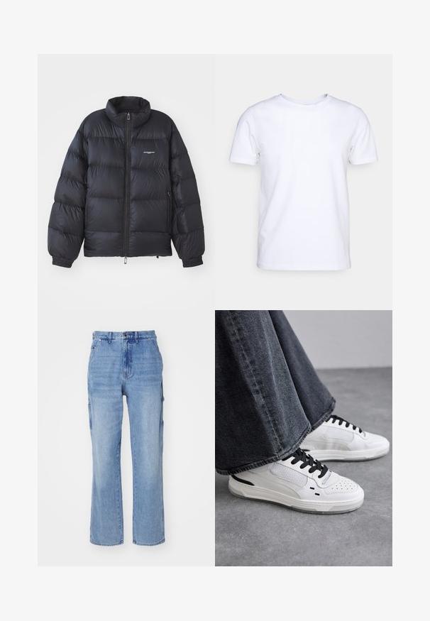 Schwarze Puffjacke mit hohem Kragen, Reißverschluss, elastischen Bündchen und einem Logo auf der Brust. Glattes, glänzendes Material mit gepolstertem Design.; Weißes T-Shirt mit kurzen Ärmeln aus Baumwollstoff und rundem Halsausschnitt. Schlichtes Design ohne Muster oder Akzente. Glatte Textur.; Hellblau Jeans-Cargo-Hose mit geradem Beinansatz, ausgestattet mit Seitentaschen und einem Knopfverschluss. Weiche Textur und ausgewaschener Look.; Weiße Sneakers mit schwarzen Schnürsenkeln und Netzdetails. Die Schuhe verfügen über ein glattes Lederobermaterial und eine strukturierte Gummisohle. Kombiniert mit weiten, grauen Jeans.