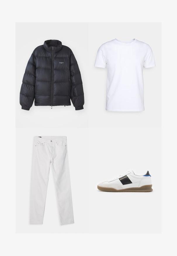 Sort pufferjakke med høj krave, lynlås i front, elastiske cuff-kanter og et logo på brystet. Glat, shiny materiale med polstret design.; Hvid kortærmet t-shirt i bomuldsstof med rund halsudskæring. Enkel design uden mønstre eller detaljer. Glat tekstur.; Hvide denim jeans med lige ben, fem-lomme design og knaplukning i taljen. Har diskret syninger og metalhardware detaljer.; Hvid sneakers med sorte og blå detaljer, overdel i ruskind og læder, rund tå, flad gummisål og guld brandingdetalje på siden.
