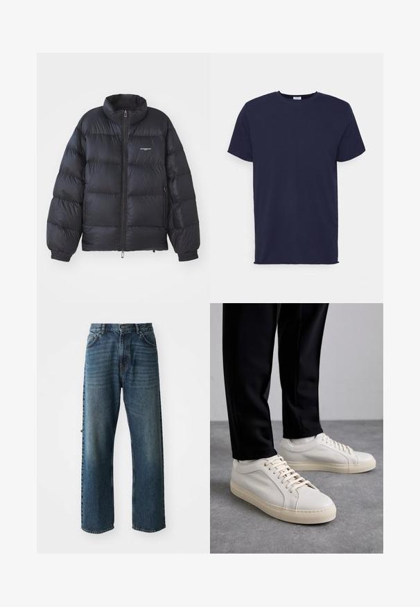 Schwarze Puffjacke mit hohem Kragen, Reißverschluss, elastischen Bündchen und einem Logo auf der Brust. Glattes, glänzendes Material mit gepolstertem Design.; Marineblaues T-Shirt mit kurzen Ärmeln aus weichem Stoff. Es hat einen Rundhalsausschnitt und einen geraden Schnitt ohne Muster oder Akzente.; NN.07 OTIS - Jeans Straight Leg - stonewashed; Helle beigefarbene Leder-Sneaker mit flachen Schnürsenkeln, einer strukturierten Oberfläche und einer kontrastierenden, cremefarbenen Gummisohle, kombiniert mit schwarzen eng geschnittenen Hosen.