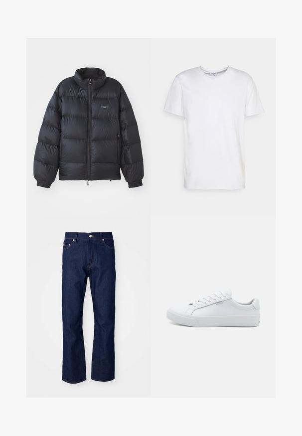 Sort pufferjakke med høj krave, lynlås i front, elastiske cuff-kanter og et logo på brystet. Glat, shiny materiale med polstret design.; Hvid kortærmet t-shirt lavet af bomuld. Har en rund halsudskæring og en afslappet pasform uden synlige mønstre eller detaljer.; Mørkeblå denimjeans med lige pasform. Funktionen inkluderer fem lommer, orange syninger og en metalknaplukning i taljen.; Hvide lædersneakers med en glat overflade, lavt design, rund tå og flad gummisål. Udstyret med flade snørebånd og minimal branding.
