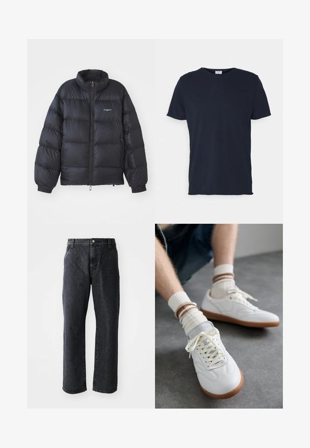 Schwarze Puffjacke mit hohem Kragen, Reißverschluss, elastischen Bündchen und einem Logo auf der Brust. Glattes, glänzendes Material mit gepolstertem Design.; Marineblaue Baumwoll-T-Shirt mit Rundhalsausschnitt und kurzen Ärmeln, mit einer glatten Oberfläche und einfachem Design, ohne sichtbare Muster oder Akzente.; Schwarze Denim-Jeans mit geradem Schnitt, ausgestattet mit einem Knopfverschluss, fünf Taschen und subtiler Textur. Klassisches Design ohne auffällige Muster.; Weiße Ledersneaker mit glatter Textur, grauen Wildlederelementen, beigen Gummisohlen und flachen Schnürsenkeln. Kombiniert mit cremefarbenen und braun gestreiften Socken.
