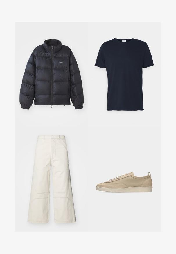 Schwarze Puffjacke mit hohem Kragen, Reißverschluss, elastischen Bündchen und einem Logo auf der Brust. Glattes, glänzendes Material mit gepolstertem Design.; Marineblaue Baumwoll-T-Shirt mit Rundhalsausschnitt und kurzen Ärmeln, mit einer glatten Oberfläche und einfachem Design, ohne sichtbare Muster oder Akzente.; A-COLD-WALL* FORMAT PANT - Stoffhose - beige bone; Beiger Sneaker mit niedriger Schafthöhe, Obermaterial aus Stoff und Wildleder, weißen Schnürsenkeln, Gummisohle und Fersenlasche, seitlich auf weißem Hintergrund dargestellt.