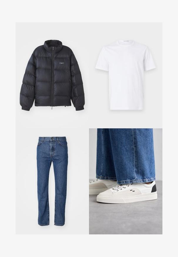 Sort pufferjakke med høj krave, lynlås i front, elastiske cuff-kanter og et logo på brystet. Glat, shiny materiale med polstret design.; Hvid bomulds t-shirt med rund halsudskæring og korte ærmer. Glat tekstur, lige snit og minimalistisk design uden mønstre eller accenter.; Lysblå denimjeans med lige ben, fem lommer, synlige syninger og en knaplukning i taljen.; Hvide og sorte sneakers med en glat læderoverdel, teksturerede detaljer og en kraftig hvid sål. Har et klassisk snørebåndsdesign.