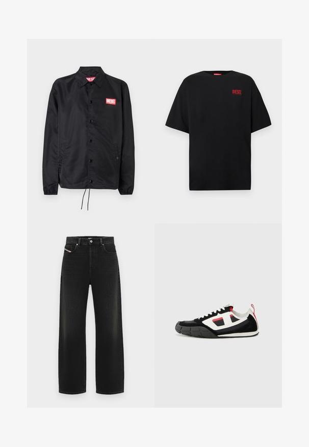Sort jakke lavet af glat, let materiale, med knaplukning fortil, elastiske manchetter, sidelommer og et rødt Diesel-logo patch.; Sort T-shirt lavet af bomuld, med korte ærmer, rund halsudskæring og en rød "DIESEL"-logo på venstre brystområde.; Sorte vidde jeans lavet af denim, med høj talje, forlommer og en subtil falmet tekstur, samt en klassisk knaplukning.; Diesel S PAGODHA LOW - Sneakers - black
