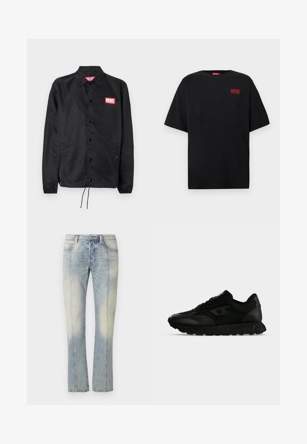 Zwarte jack van soepel, lichtgewicht materiaal, met een knoopsluiting, elastische manchetten, zijzakken en een rood Diesel logo patch.; Zwart T-shirt van katoen met korte mouwen, een ronde hals en een rood "DIESEL"-logo op de linkerborst.; Lichtblauwe denim jeans met een rechte pijp, voorzien van dubbele stiksels, voorzakken en een verweerde afwerking. Geen zichtbare merkaanduiding.; Zwarte lage sneaker met gestructureerd leer en stoffen panelen, vetersluiting en dikke rubberen zool op een effen lichte achtergrond.
