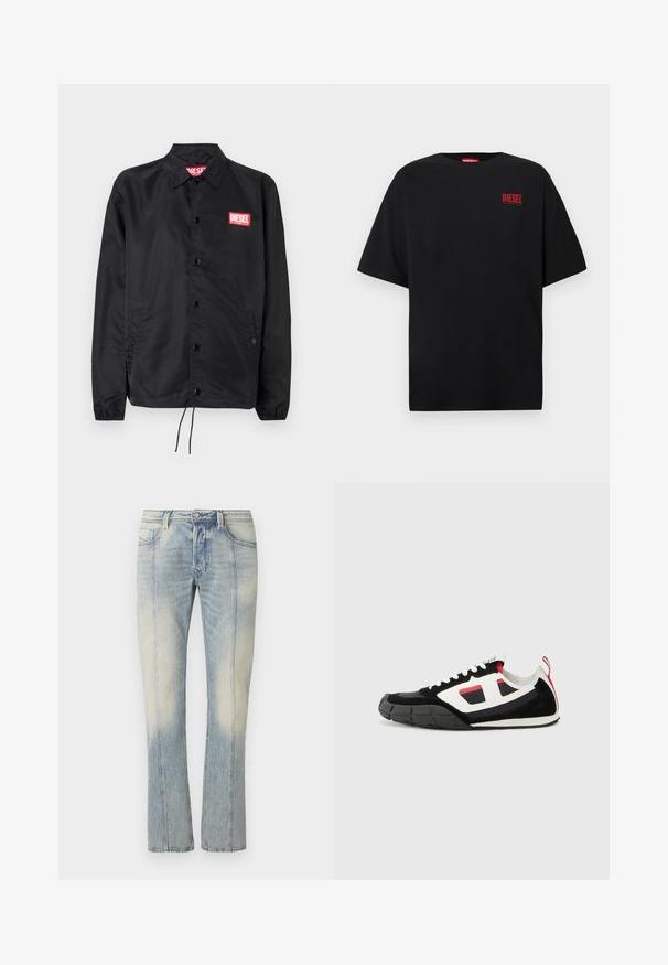 Chaqueta negra hecha de un material suave y ligero, con cierre de botones en el frente, puños elásticos, bolsillos laterales y un parche con el logo rojo de Diesel.; Camiseta negra de algodón, con mangas cortas, cuello redondo y un logo rojo de "DIESEL" en la zona izquierda del pecho.; Jeans de mezclilla azul claro con diseño de pierna recta, con costuras dobles, bolsillos frontales y acabado desteñido. Sin marcas visibles.; Diesel S PAGODHA LOW - Zapatillas - black