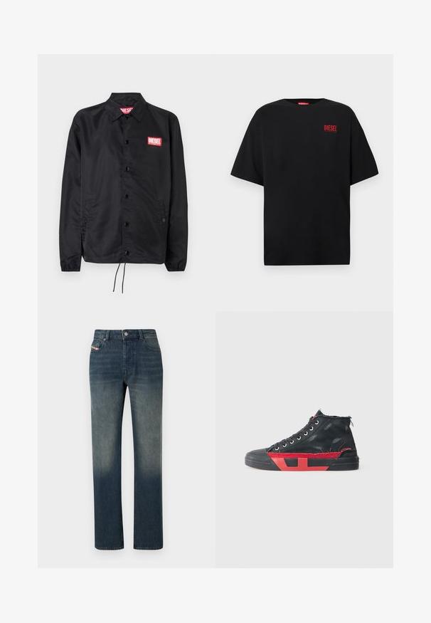 Sort jakke lavet af glat, let materiale, med knaplukning fortil, elastiske manchetter, sidelommer og et rødt Diesel-logo patch.; Sort T-shirt lavet af bomuld, med korte ærmer, rund halsudskæring og en rød "DIESEL"-logo på venstre brystområde.; Blå denimjeans med lige ben, falmet vask, forreste knap- og lynlås lukning samt fem-lomme design.; Sort høj-top sneakers med røde accenter og en forslidt finish. Har et struktureret kanvasoverdel og en gummisål med udsnit.