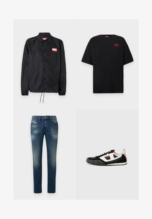 Sort jakke lavet af glat, let materiale, med knaplukning fortil, elastiske manchetter, sidelommer og et rødt Diesel-logo patch.; Sort T-shirt lavet af bomuld, med korte ærmer, rund halsudskæring og en rød "DIESEL"-logo på venstre brystområde.; Mørkeblå denimjeans med en falmet vask, lige ben og et let slid på knæet. Har forlommer og lukning med metalknap.; Diesel S PAGODHA LOW - Sneakers - black
