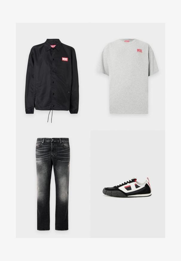 Zwarte jack van soepel, lichtgewicht materiaal, met een knoopsluiting, elastische manchetten, zijzakken en een rood Diesel logo patch.; Grijs katoenen T-shirt met een ronde hals en korte mouwen. Voorzien van een klein rood "DIESEL" logo op de borst. Soepele textuur.; Zwarte jeans met een vervaagde afwerking en versleten accenten, standaard vijf-pocket ontwerp en een ritssluiting. Gemaakt van denimstof.; Diesel S PAGODHA LOW - Sneakers laag - black