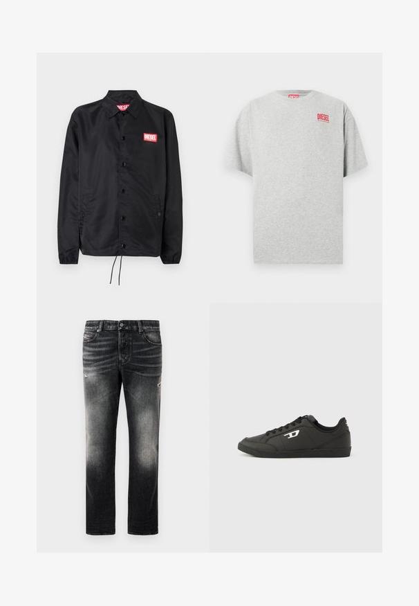 Zwarte jack van soepel, lichtgewicht materiaal, met een knoopsluiting, elastische manchetten, zijzakken en een rood Diesel logo patch.; Grijs katoenen T-shirt met een ronde hals en korte mouwen. Voorzien van een klein rood "DIESEL" logo op de borst. Soepele textuur.; Zwarte jeans met een vervaagde afwerking en versleten accenten, standaard vijf-pocket ontwerp en een ritssluiting. Gemaakt van denimstof.; Zwarte sneakers van synthetisch materiaal met een geribbelde zwarte zool, ronde neus en vlakke zwarte veters. Opvallend wit logomerk aan de buitenzijde.