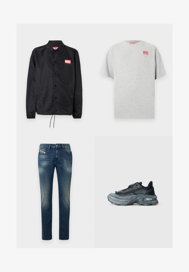 Schwarze Jacke aus glattem, leichtem Material mit Knopfriegel, elastischen Bündchen, seitlichen Taschen und einem roten Diesel-Logo-Patch.; Graues Baumwoll-T-Shirt mit rundem Ausschnitt und kurzen Ärmeln. Mit einem kleinen roten "DIESEL"-Logo auf der Brust. Glatte Textur.; Dunkelblaue Jeans aus Denim mit verwaschenem Look, geradem Bein und leicht abgenutztem Knie. Verfügt über Vordertaschen und einen Metallknopfverschluss.; Schwarz- und graue Diesel-Sneaker mit dicker Sohle, Schnürverschluss und strukturiertem Design auf einem schlichten hellgrauen Hintergrund.